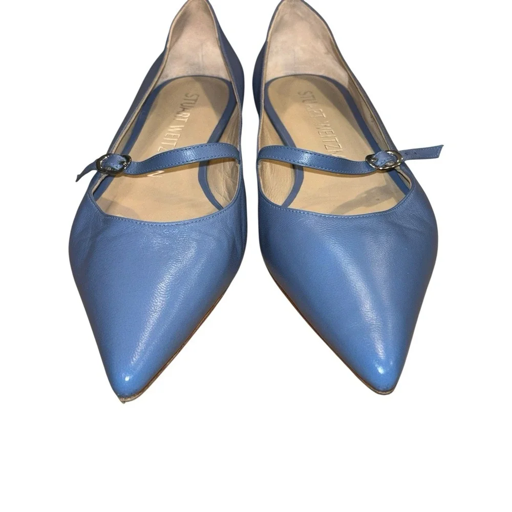 Stuart Weitzman Emilia Mary Jane Flats Blue Leather Ballet Pointed Toe 39 US 8.5 - Picture 4 of 9
